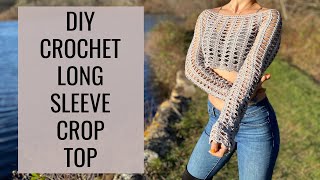 DIY Crochet Long Sleeve Lace Crop Top Tutorial  How To Crochet A Long Sleeve Crop Top [upl. by Aronow552]